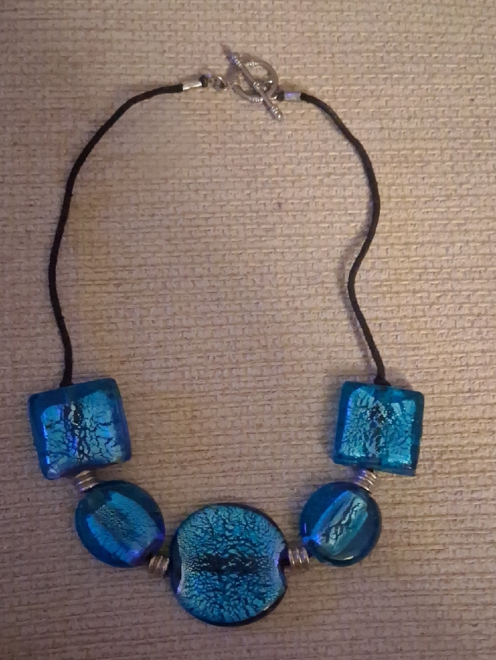 Murano Blue Glass Necklace with Iridescent Aqua Beads